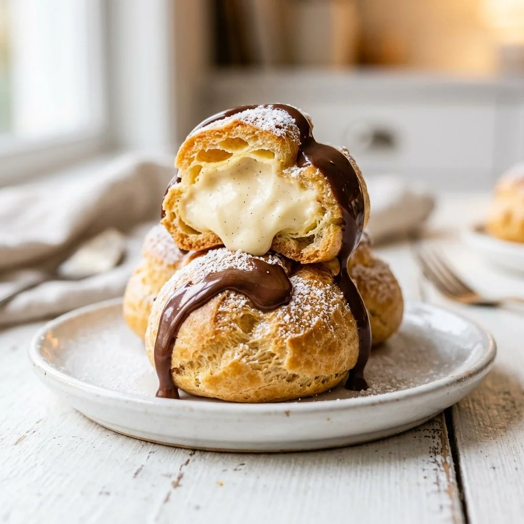Classic profiteroles filled with cream and topped with chocolate sauce