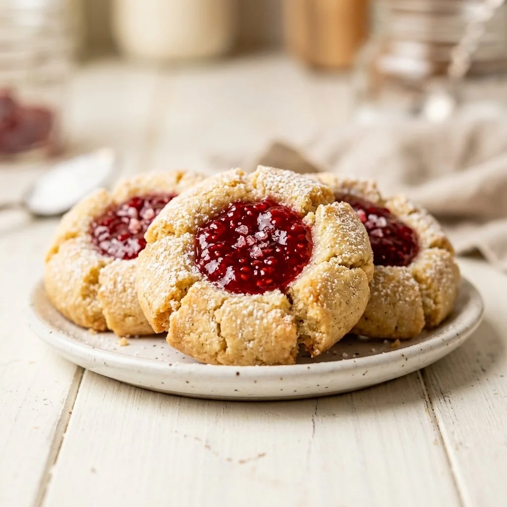 Delicious classic thumbprint cookies filled with jam and chocolate.