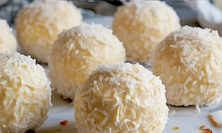 Coconut Cheesecake Bites with snowball flavor, topped with coconut flakes.