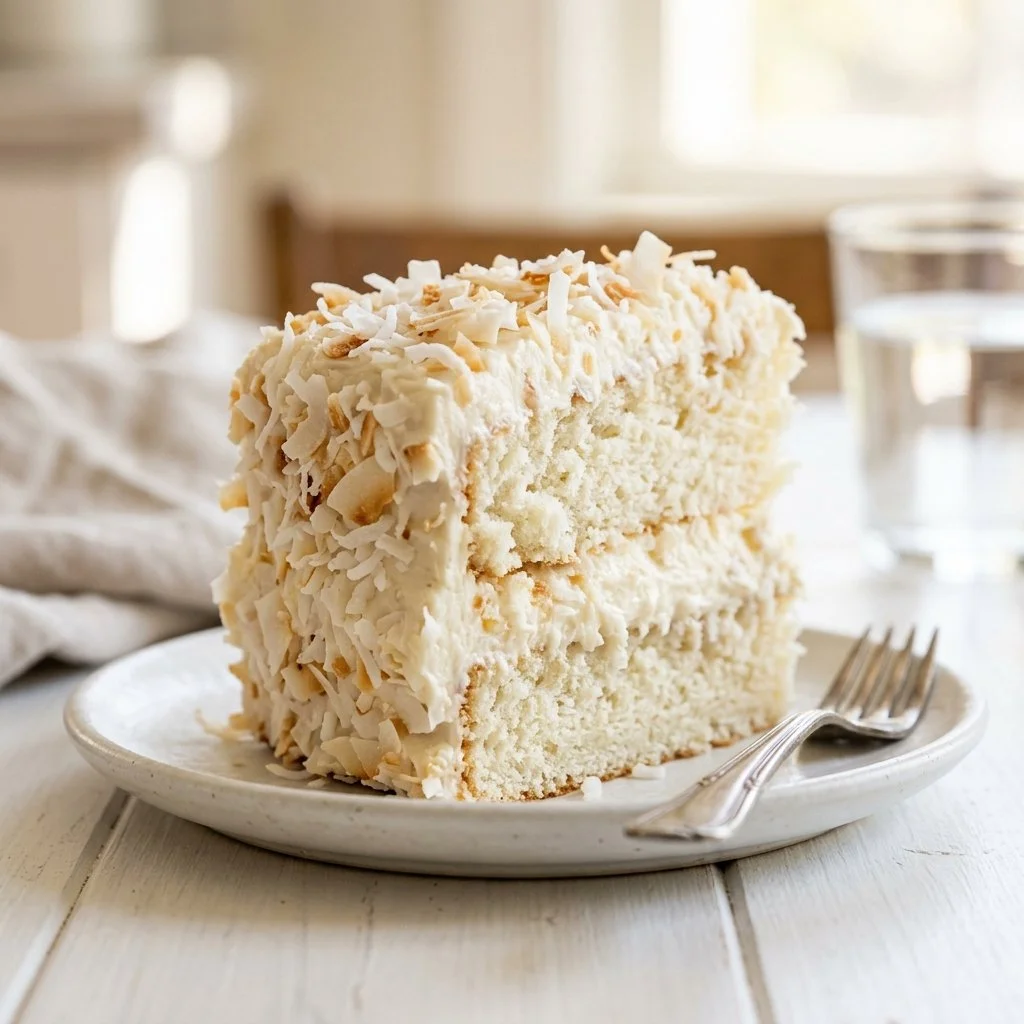 Delicious Coconut Cream Cake with creamy frosting and shredded coconut topping