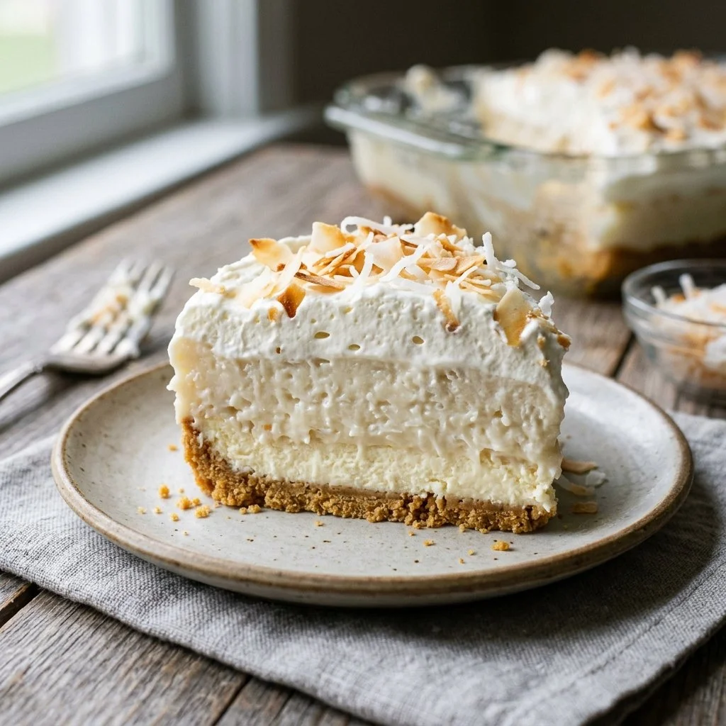 Delicious coconut cream lush dessert topped with coconut flakes and chocolate