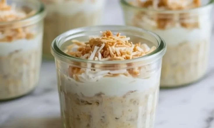 Delicious Coconut Cream Pie Overnight Oats topped with coconut flakes and whipped cream.