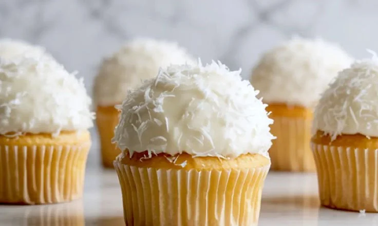 Delicious coconut cupcakes topped with creamy frosting and coconut flakes