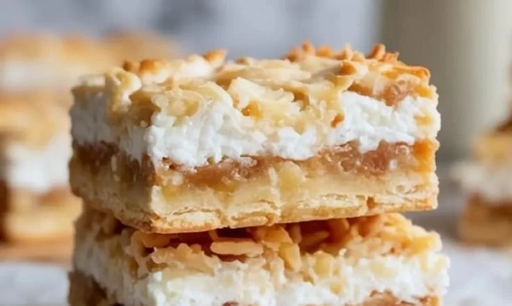 Delicious Coconut Dream Bars with creamy coconut topping and a golden crust