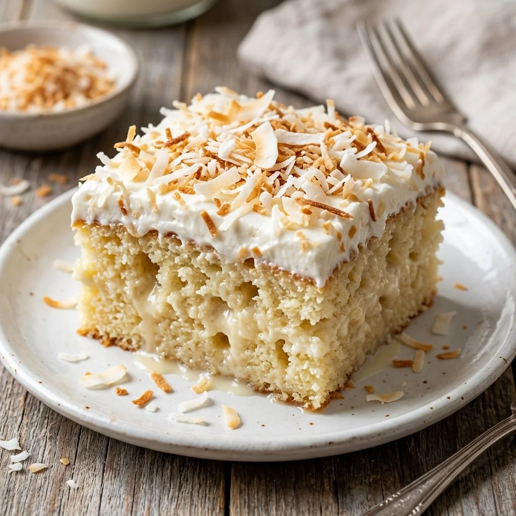 Deliciously moist Coconut Poke Cake topped with creamy coconut frosting.