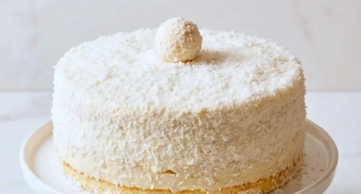 Delicious Coconut Raffaello Cake topped with coconut flakes and white chocolate