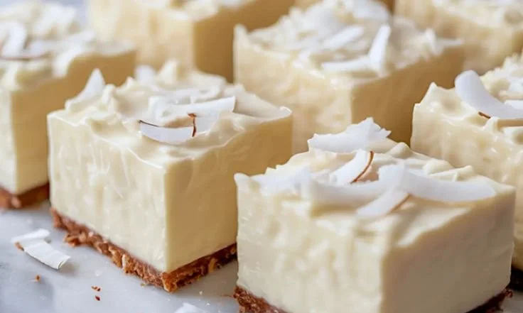 Delicious Coconut Rum Snow Squares garnished with coconut flakes