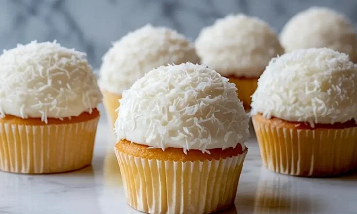 Delicious Coconut Snowball Cupcakes topped with coconut frosting