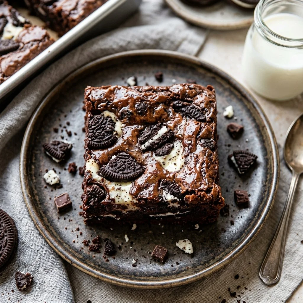 Delicious Cookies and Cream Brownies with cookie chunks and chocolate layers