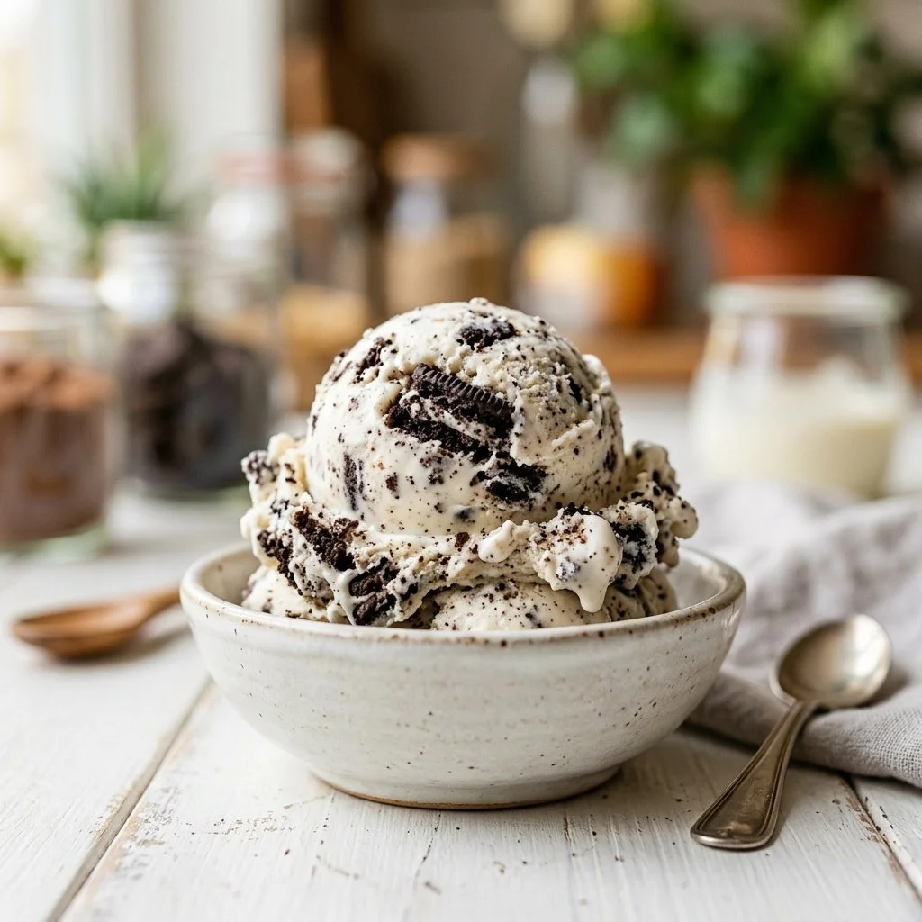 Delicious Cookies and Cream Ice Cream served in a bowl with chocolate cookie chunks