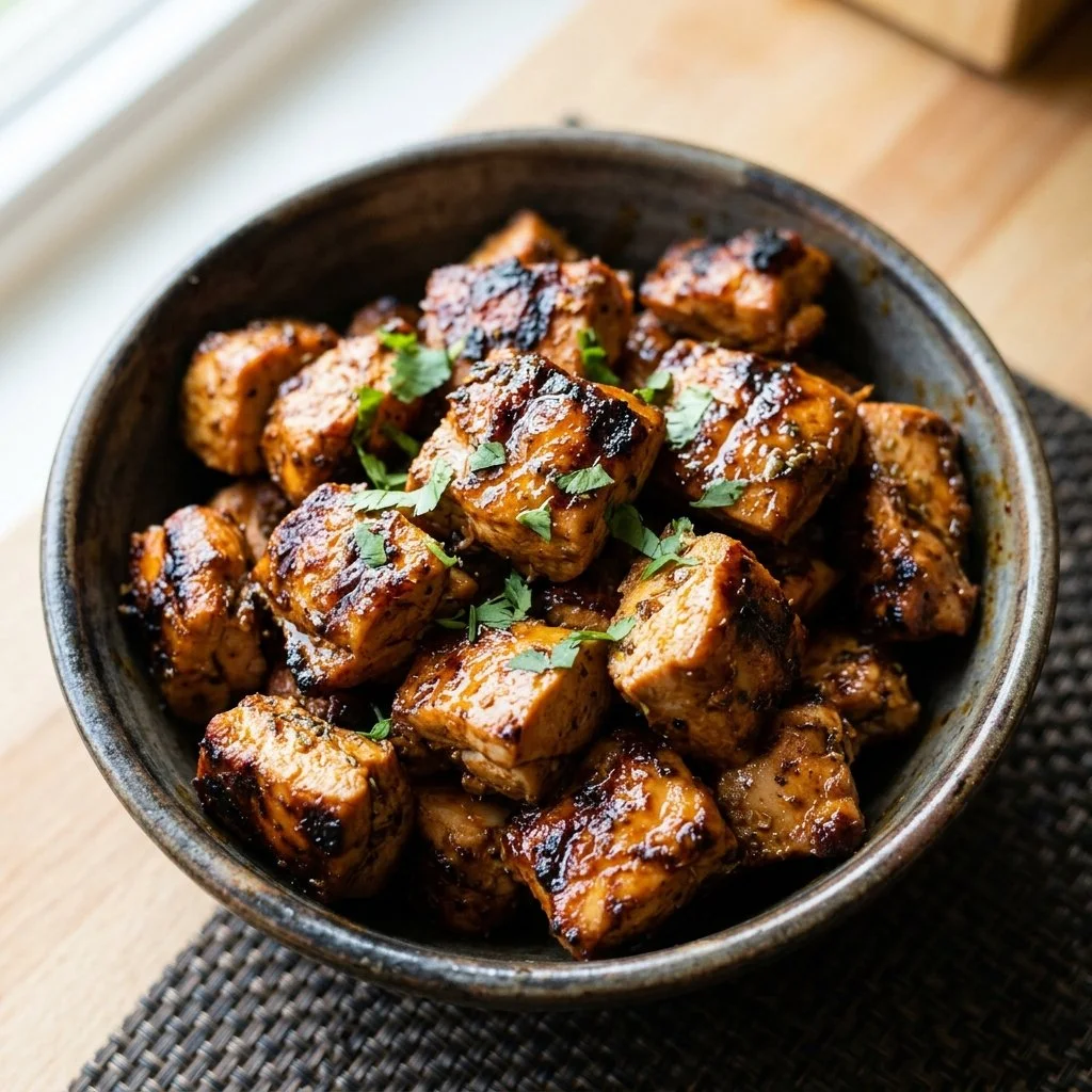 Delicious homemade copycat Chipotle Chicken served in a bowl with toppings