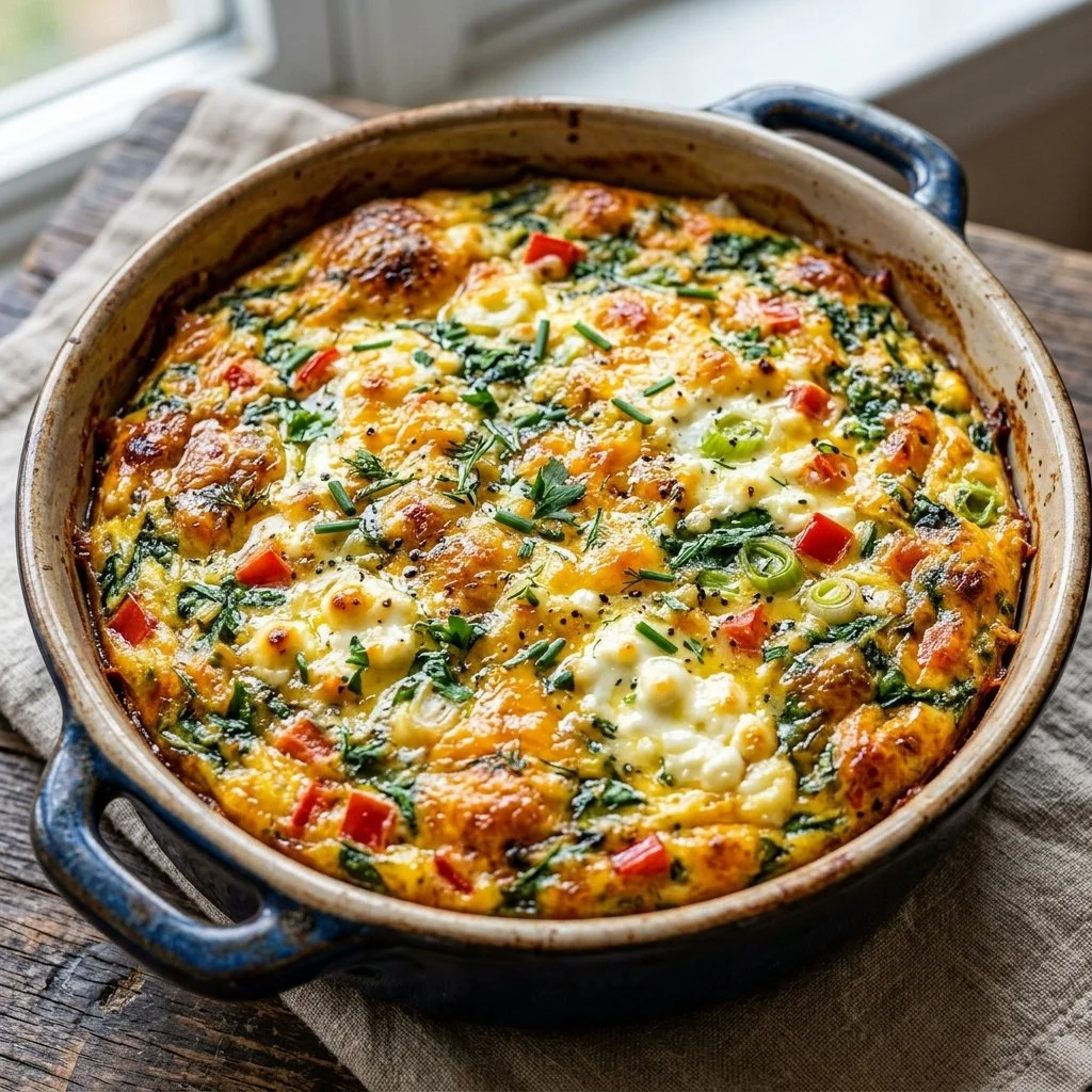 Cottage Cheese Egg Bake served in a rustic dish with fresh herbs