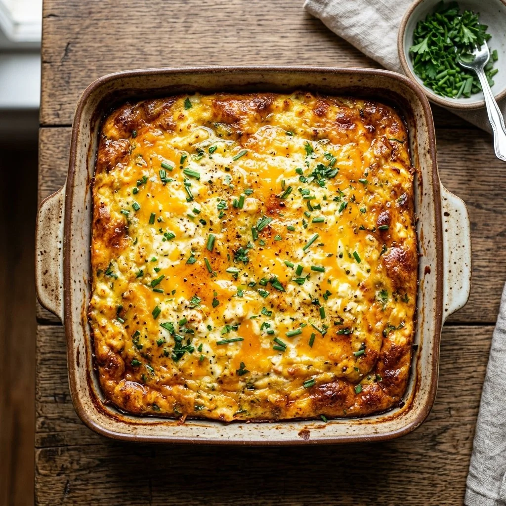 Delicious Cottage Cheese Egg Bake served with fresh herbs and vegetables