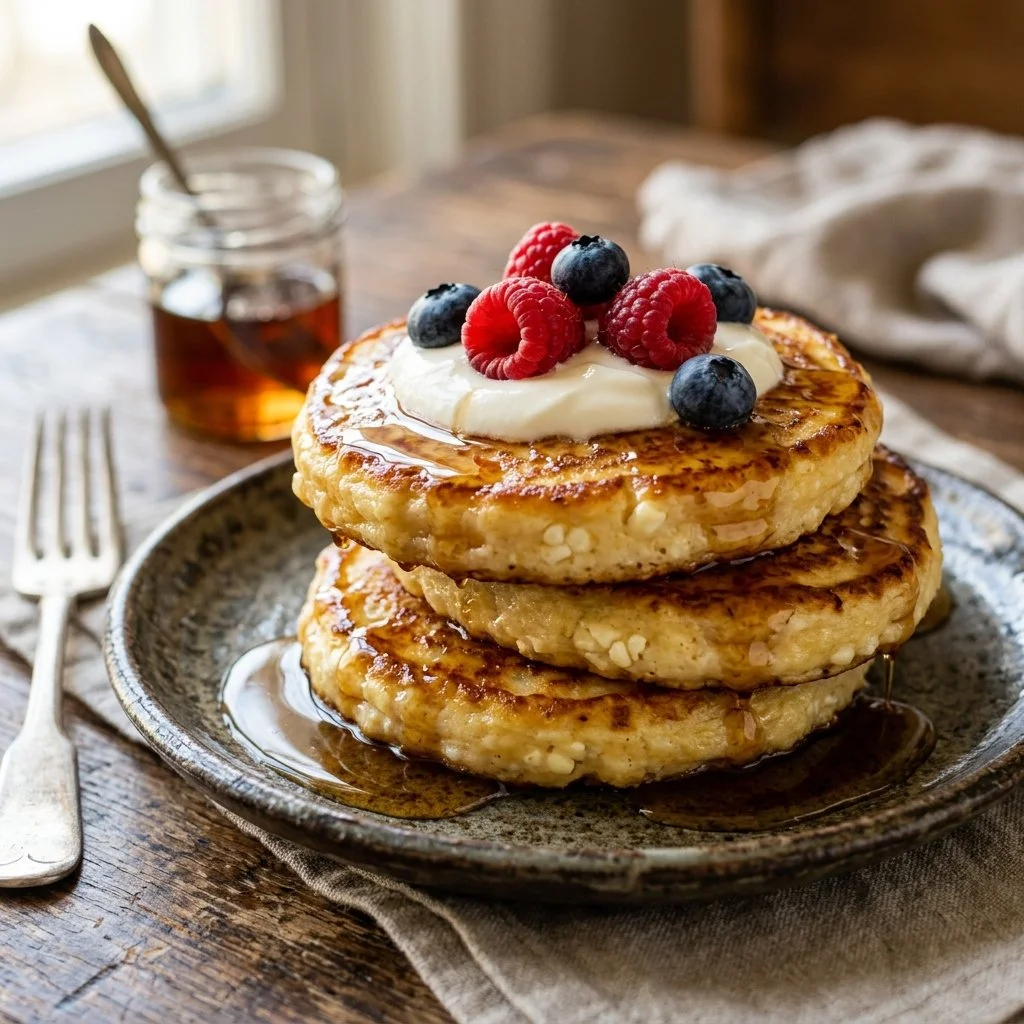 Fluffy cottage cheese pancakes served with fresh berries and honey