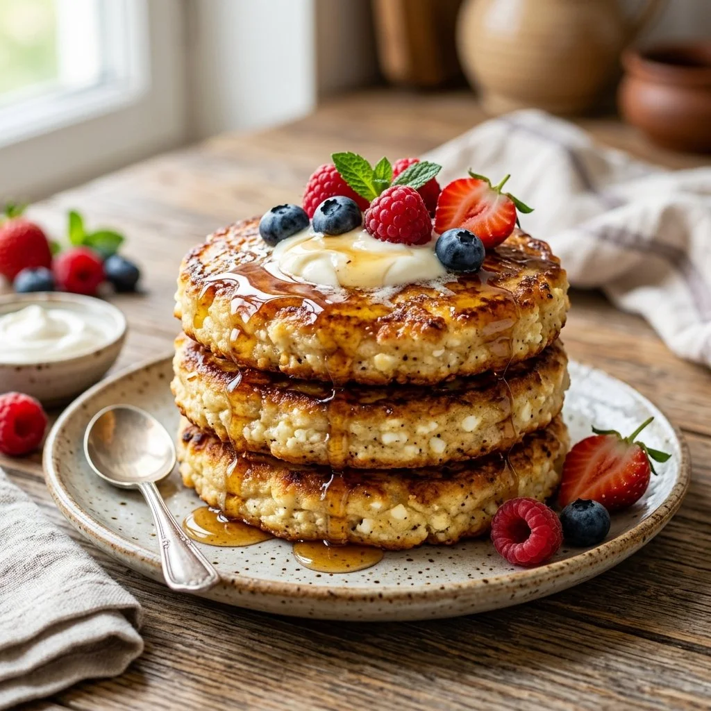 Fluffy cottage cheese pancakes served with syrup and berries on a plate.