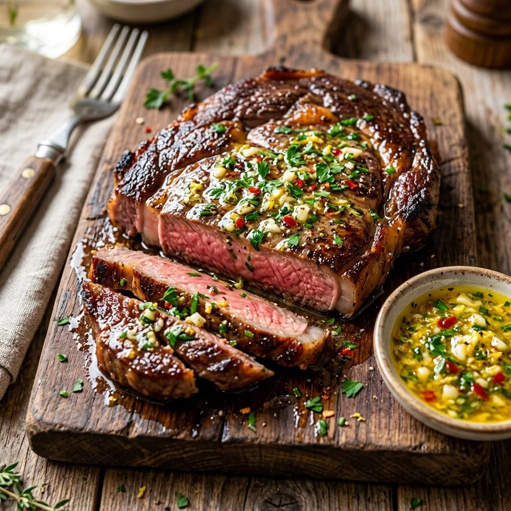 Delicious Cowboy Butter Steak served on a plate with herbs and spices