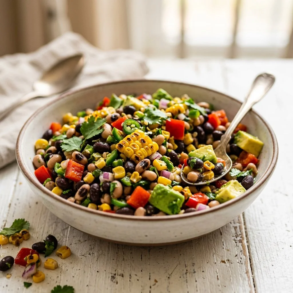A bowl of colorful Cowboy Caviar salad with beans, tomatoes, and peppers