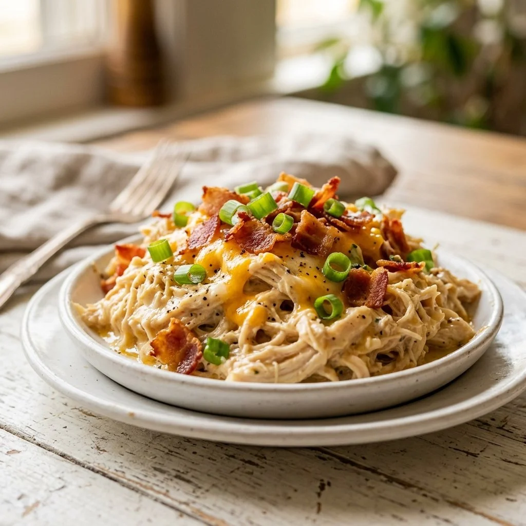 Delicious Crack Chicken served with herbs and spices on a wooden table