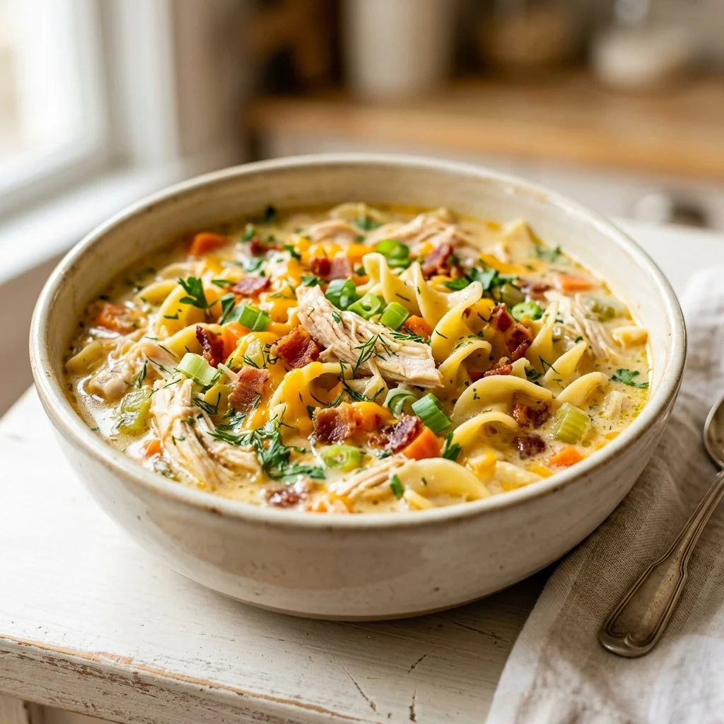 Bowl of crack chicken noodle soup with fresh herbs and noodles