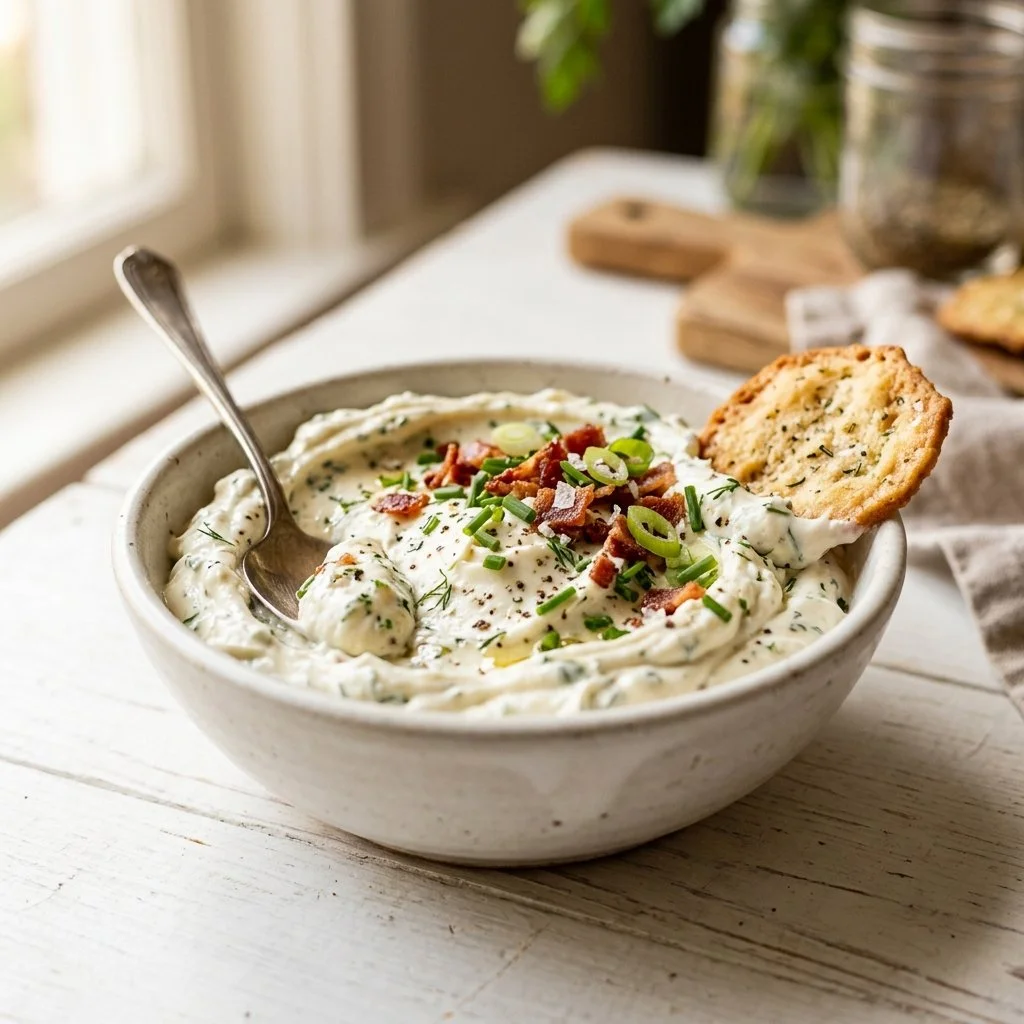 Delicious cream cheese dip served with fresh vegetables and crackers.