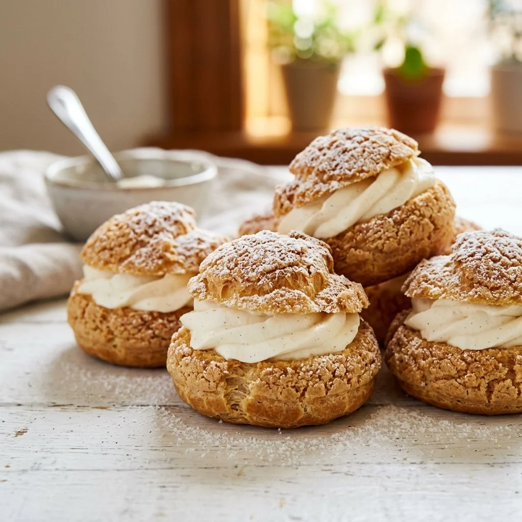 Delicious cream puffs filled with rich creamy filling on a plate