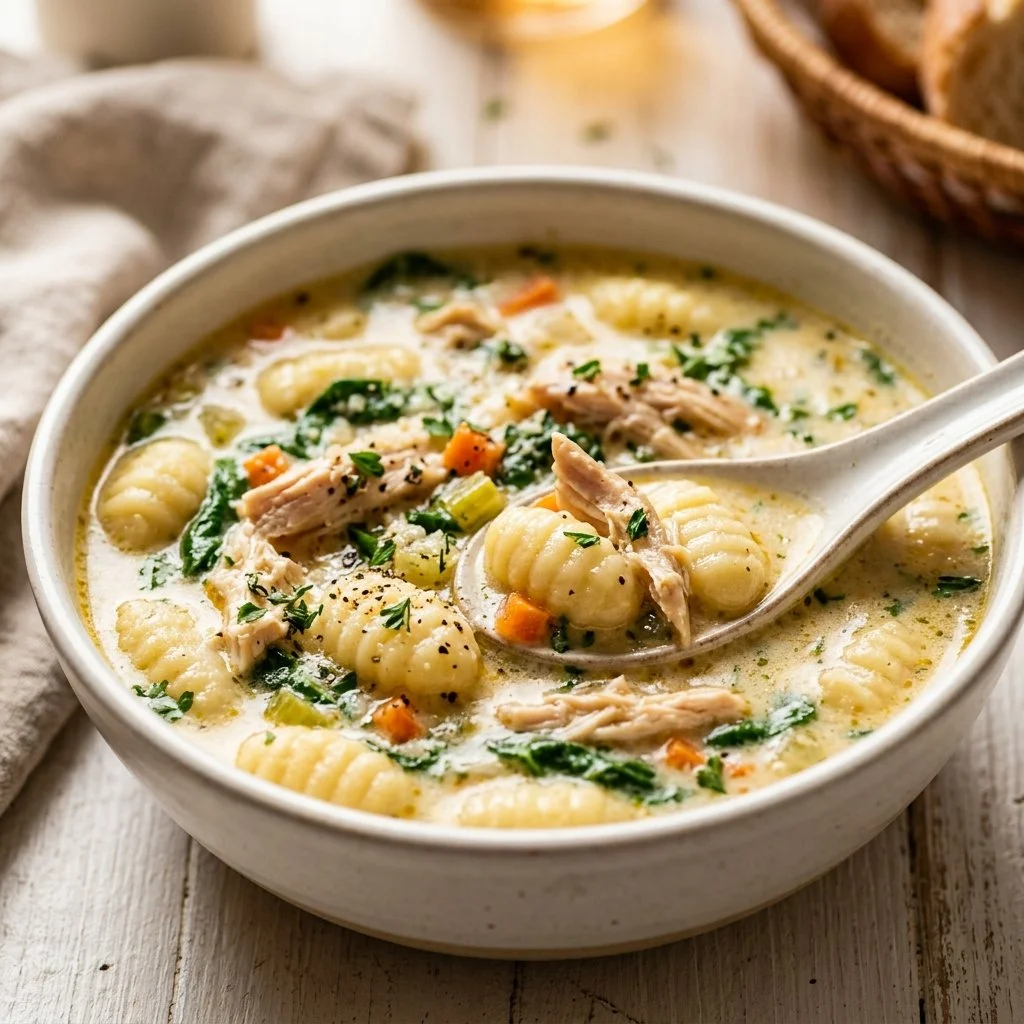 Bowl of creamy chicken gnocchi soup topped with fresh herbs.