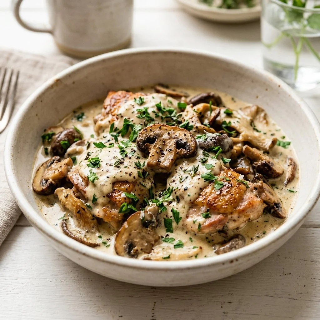 Delicious creamy chicken with mushrooms served in a plate
