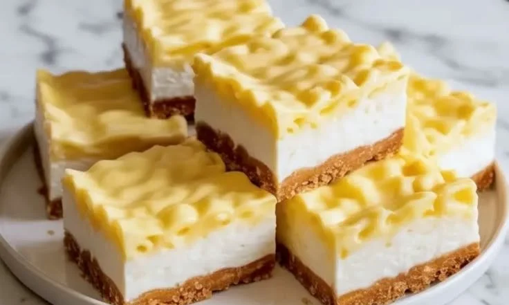 Creamy Coconut Pineapple Pie Bars topped with coconut flakes and pineapple chunks