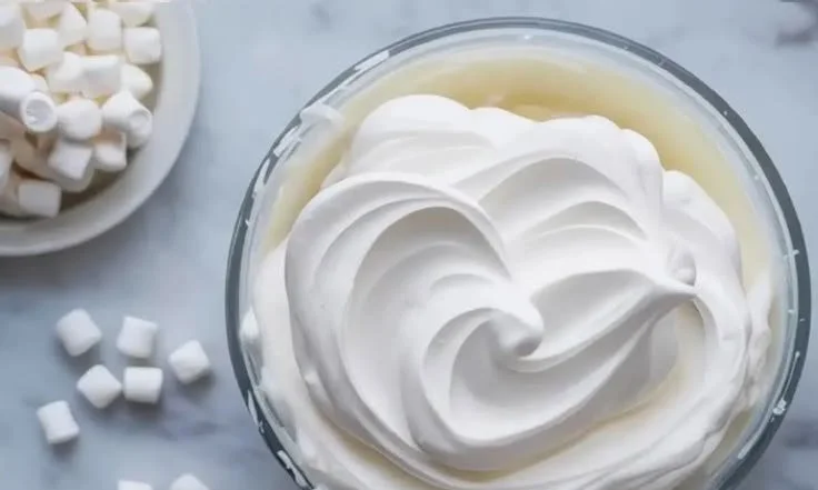 Delicious creamy marshmallow buttercream frosting piping on a cake