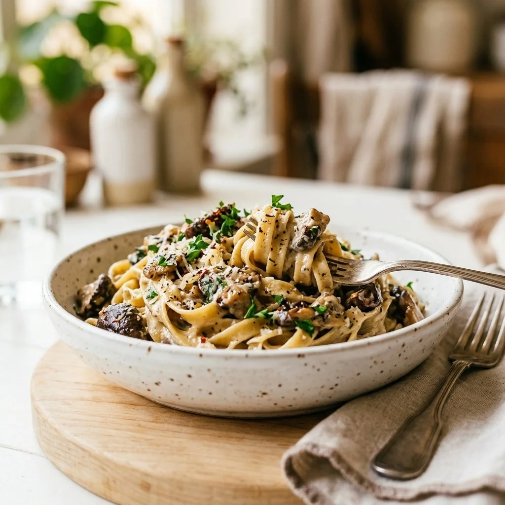 Plate of creamy mushroom pasta garnished with parsley and parmesan cheese