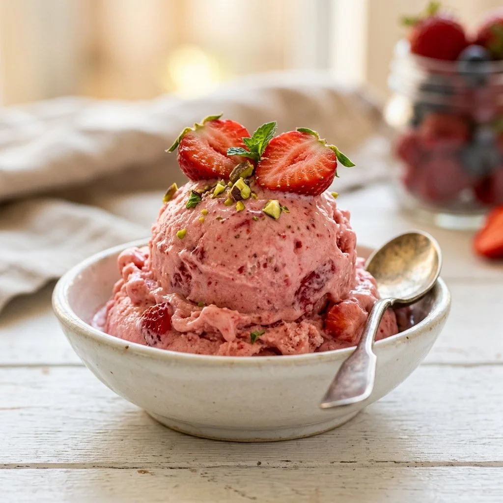Homemade creamy strawberry ice cream served in a bowl with fresh strawberries