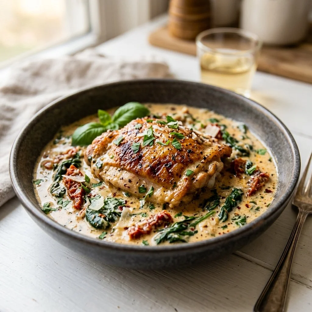 Creamy Tuscan chicken dish with spinach and sun-dried tomatoes