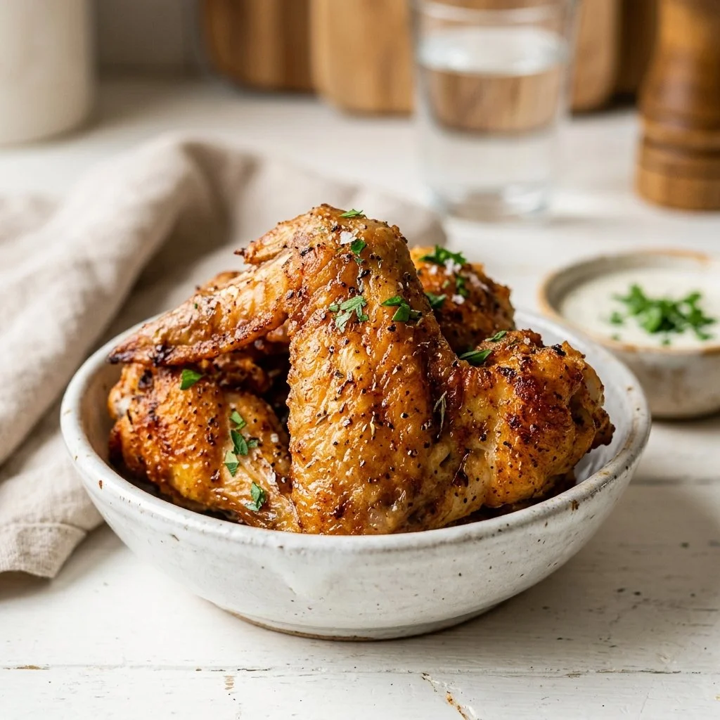 Crispy baked chicken wings served with sauce and garnishes