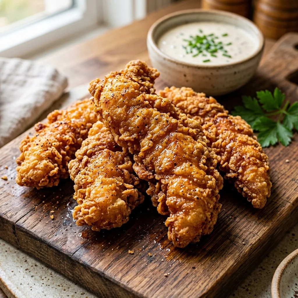 Delicious crispy chicken tenders served with a dipping sauce