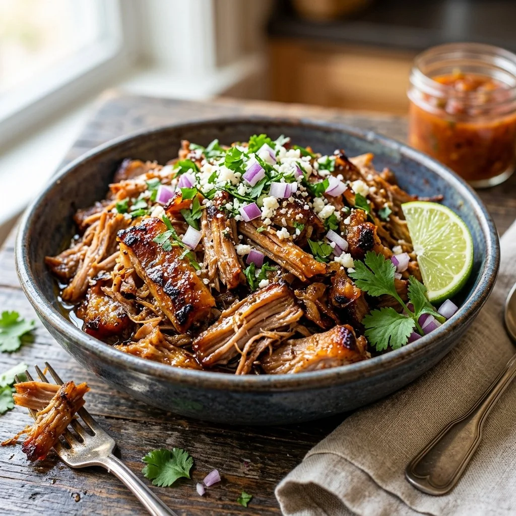 Crispy slow cooker carnitas served in a taco with fresh toppings