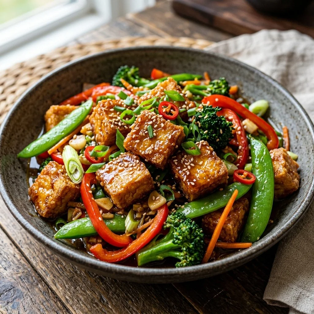 Crispy tofu stir fry with colorful vegetables and a flavorful sauce