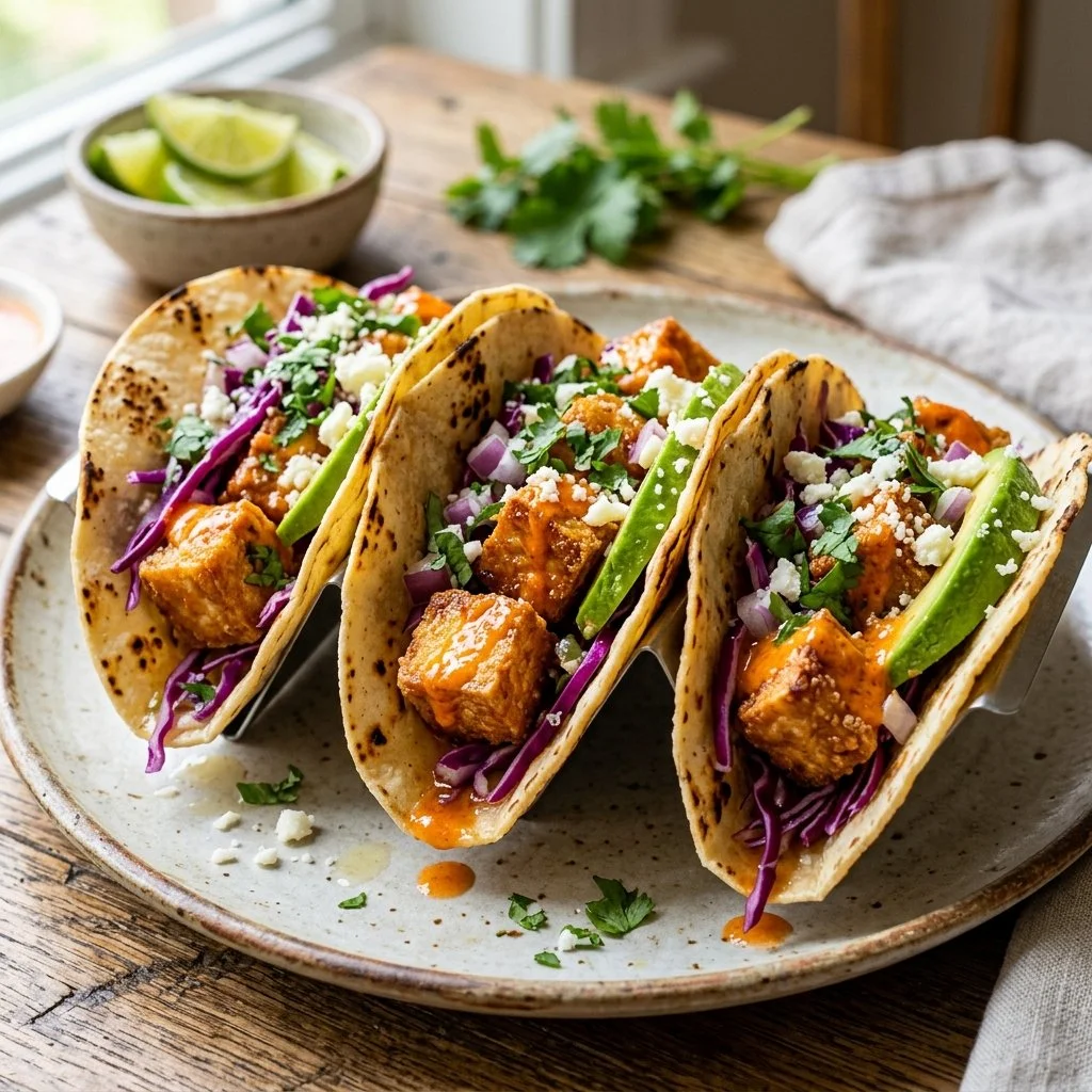 Crispy Tofu Tacos served with fresh toppings and sauces