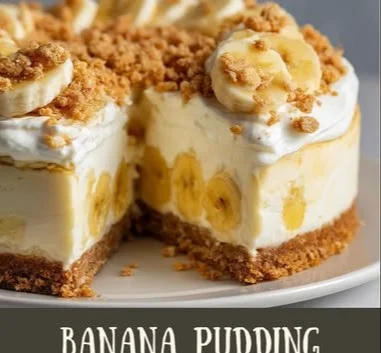 Delicious Crunchy Banana Pudding Cheesecake topped with banana slices and whipped cream