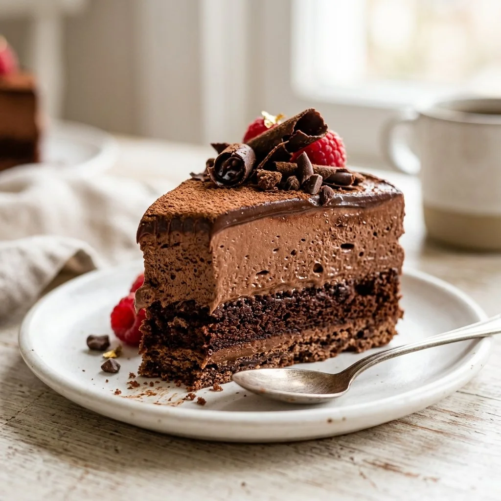 Slice of decadent chocolate mousse cake topped with whipped cream and chocolate shavings.