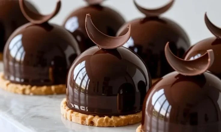 Dome-shaped chocolate dessert garnished with fresh berries