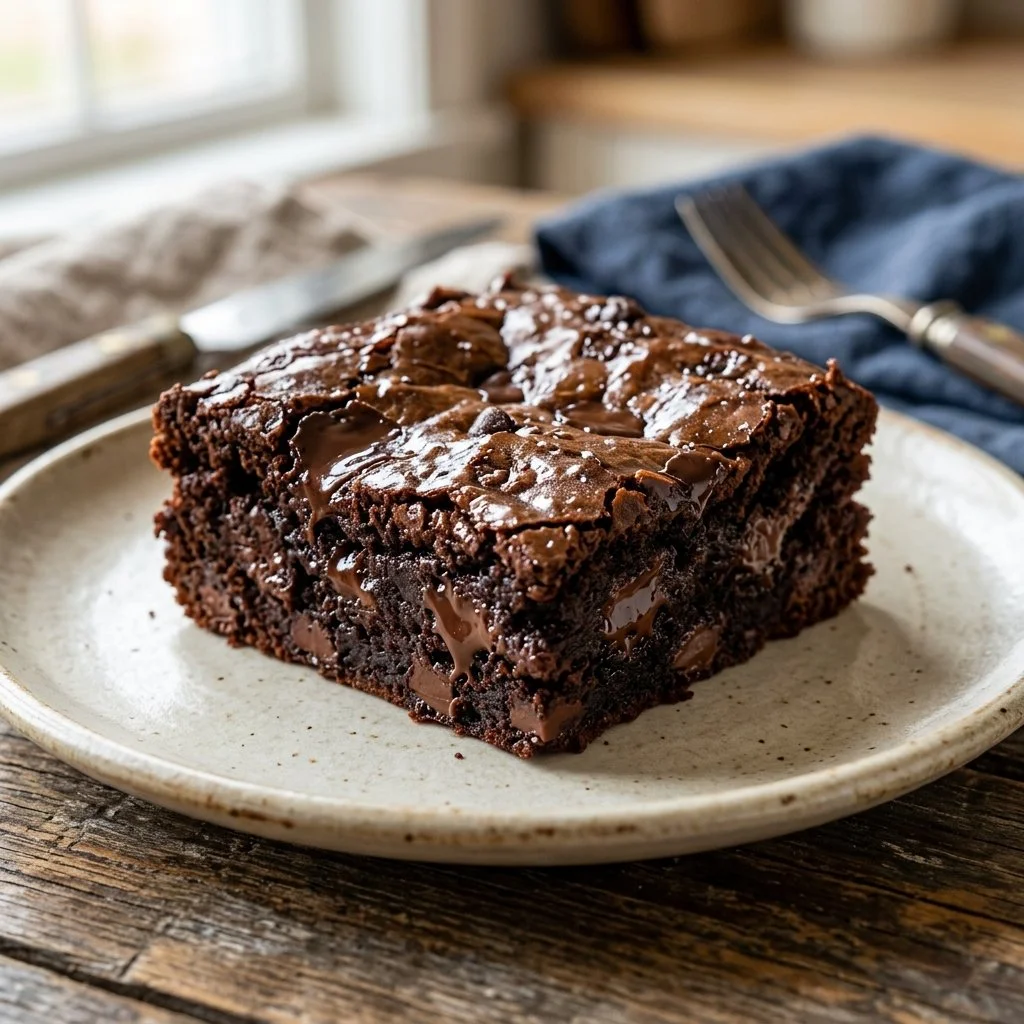 Delicious double chocolate brownies topped with chocolate chips