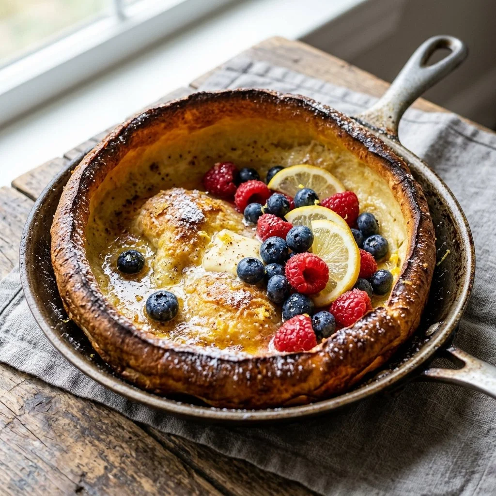 Fluffy Dutch Baby Pancake served with fresh fruits and powdered sugar.