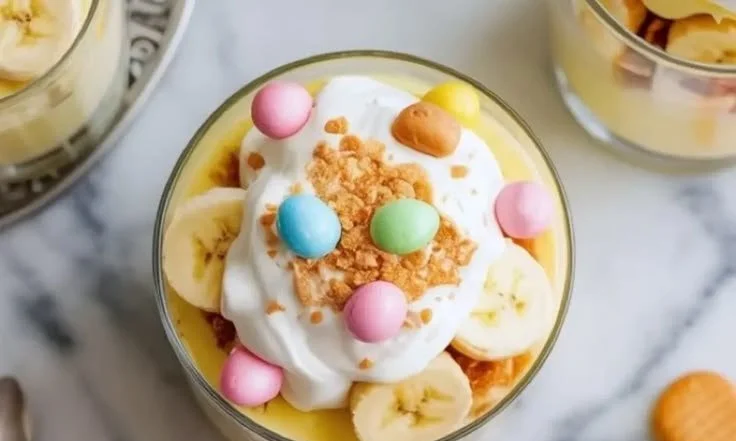 Easter Banana Pudding Cups topped with whipped cream and banana slices