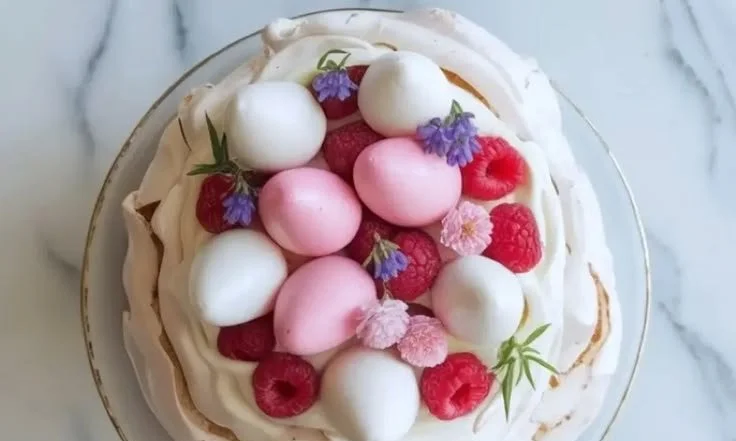 Easter Pavlova dessert topped with fresh fruits and whipped cream