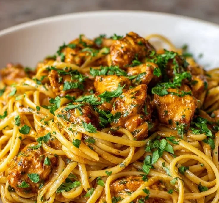 Plate of Easy Cowboy Butter Chicken Linguine garnished with herbs.