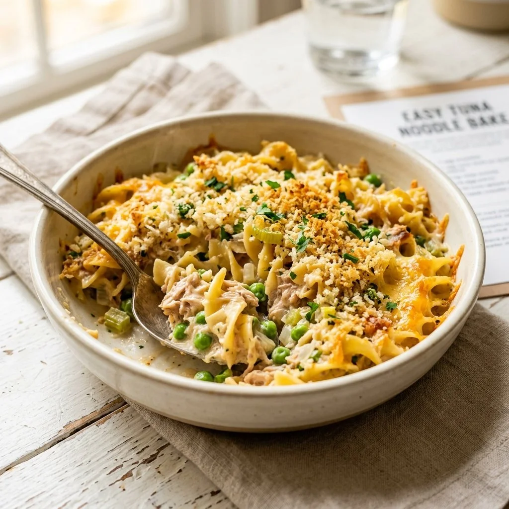 Baked tuna noodle casserole topped with breadcrumbs and cheese, served in a dish.