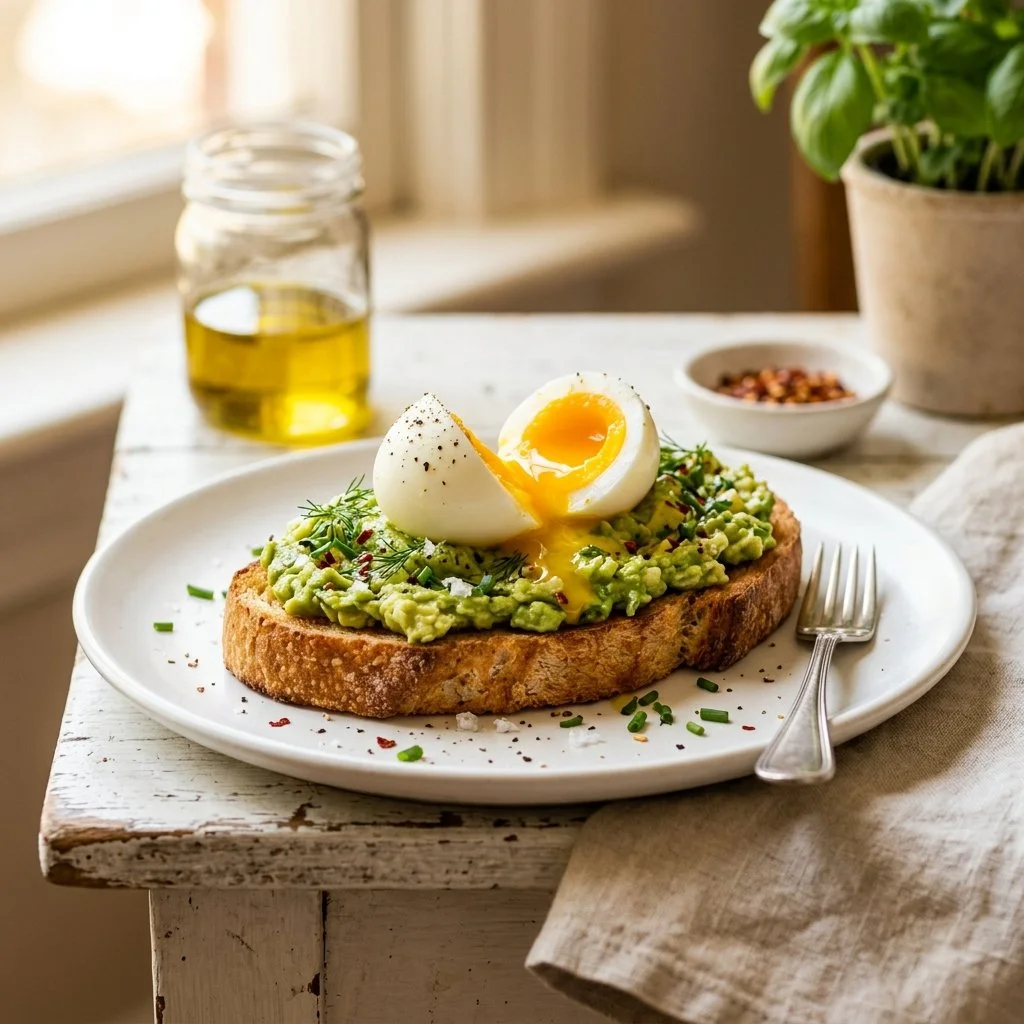 Delicious Egg Avocado Toast topped with a perfectly cooked egg and herbs.