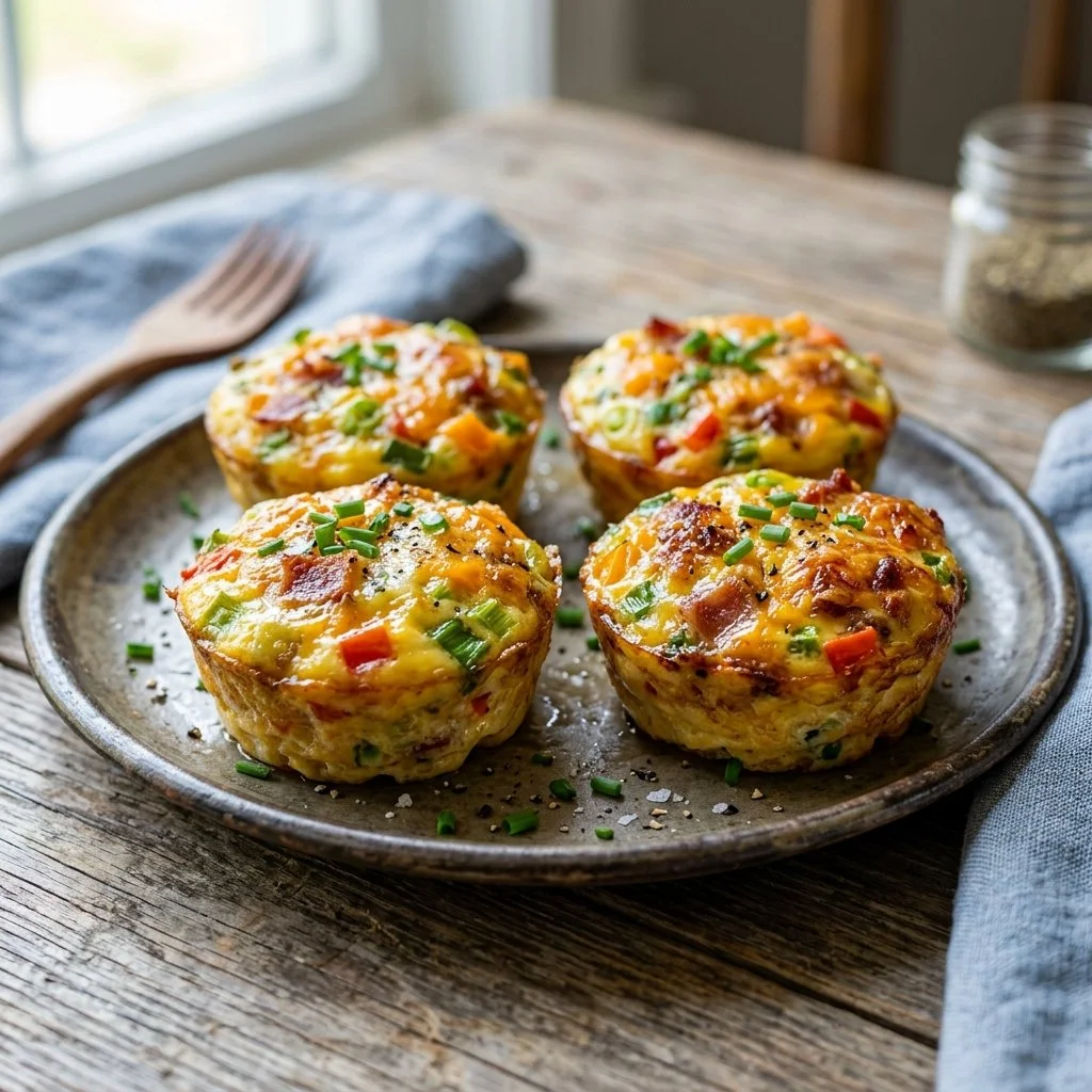 Delicious homemade egg bites served on a plate with herbs and veggies