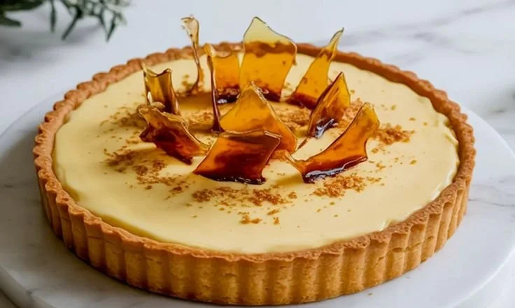 Delicious Eggnog Creme Tart topped with sweet caramel shards, perfect for holiday celebrations.