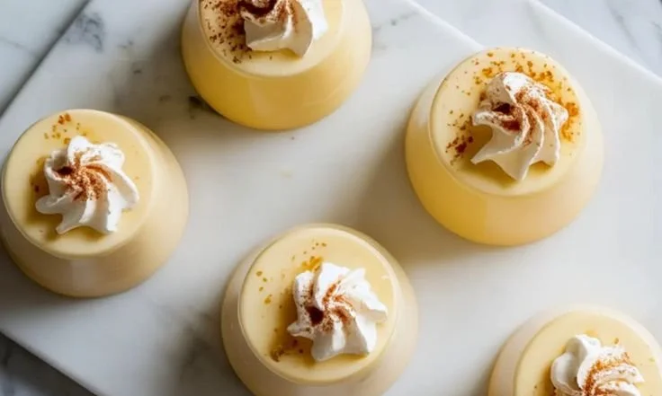 Delicious Eggnog Panna Cotta served with a sprinkle of nutmeg.